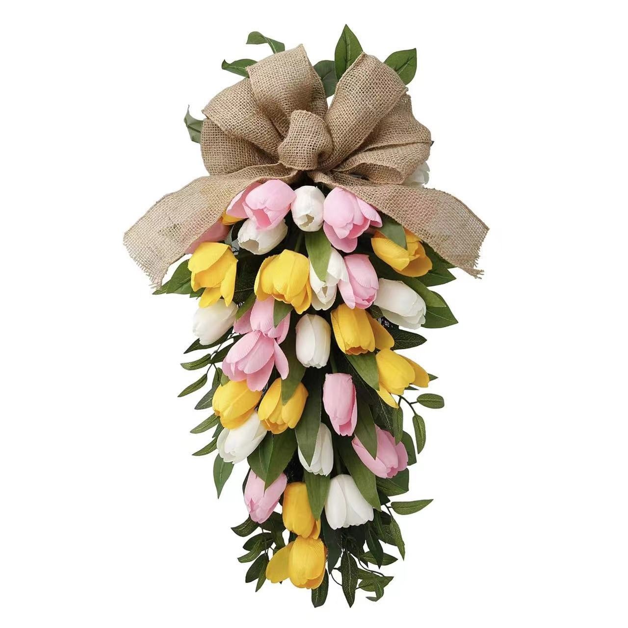 Artificial Tulip Teardrop Wreath, Easter Floral Drop Pendant Front Door Decor,Cabinet Wreaths