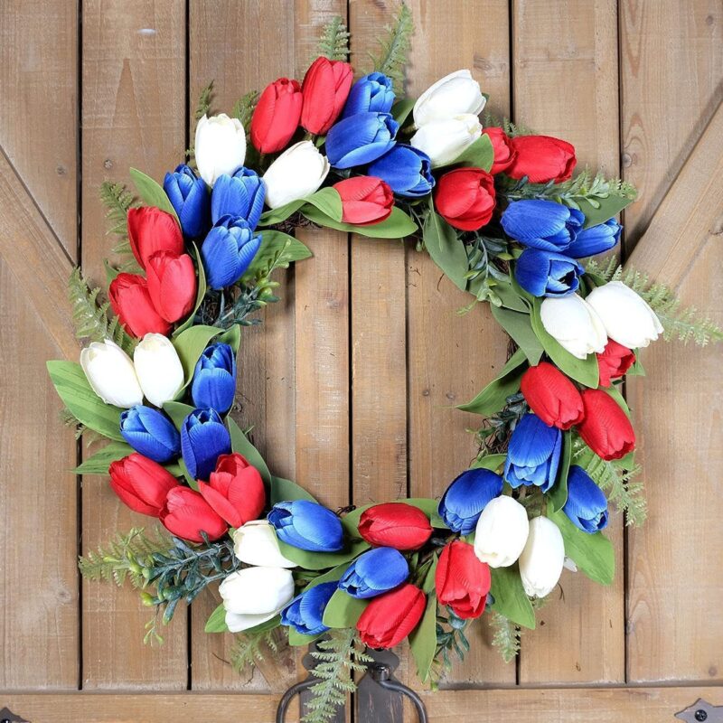 July 4th American Flag Tulip Wreath, Red White Blue Patriotic Decor