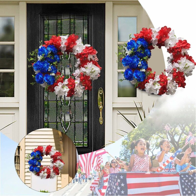Independence Day Patriotic Flag Wreath, Red White Blue Front Door Hanging Decor