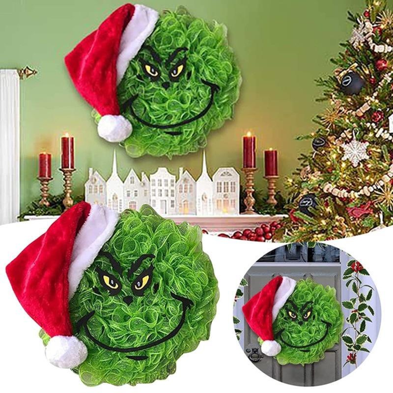 New Christmas Wreath, Grinch Plush Doll Wreath Hanger, Xmas Front Door Decoration