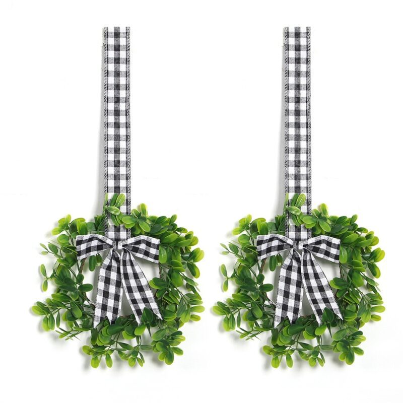 24cm Mini Wreath, Black White Burlap Bow Artificial Green Leaves Christmas Wreaths For Kitchen Cabinets（2 Pcs)