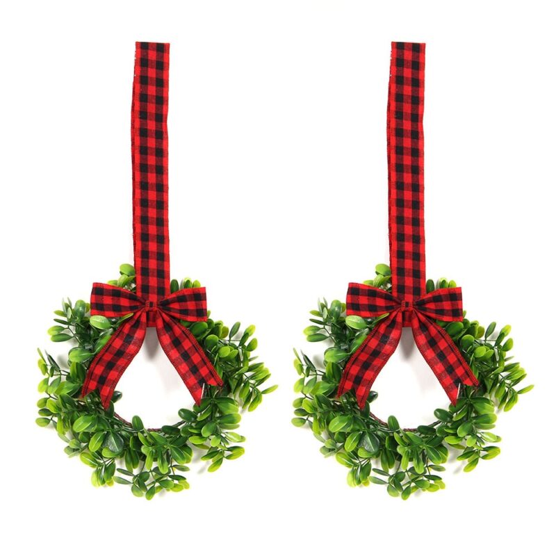 Mini Christmas Wreath for Cabinet Decor, Artificial Green Leaves with Red Black Burlap Bow（2 Pcs)