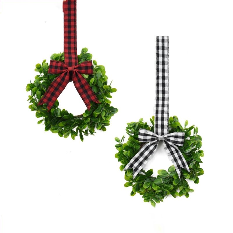 Spring & Christmas Mini Wreath, Red Black Plaid Bow Artificial Greenery Cabinet Decor