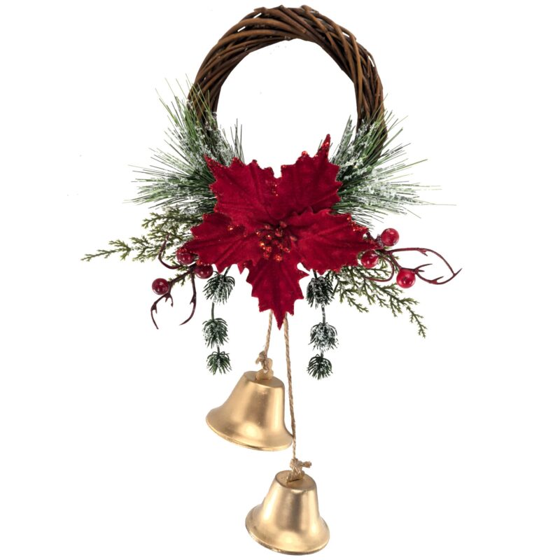 Christmas Wreath with Bell, Pine Branch Berry Artificial Flower Handmade Tree Hanging Decor