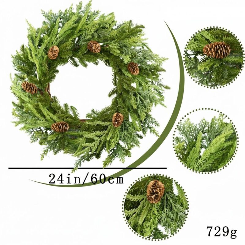 60cm Norfolk Pine Wreath, Snowy Soft Real Touch Pine Needle Christmas Decor