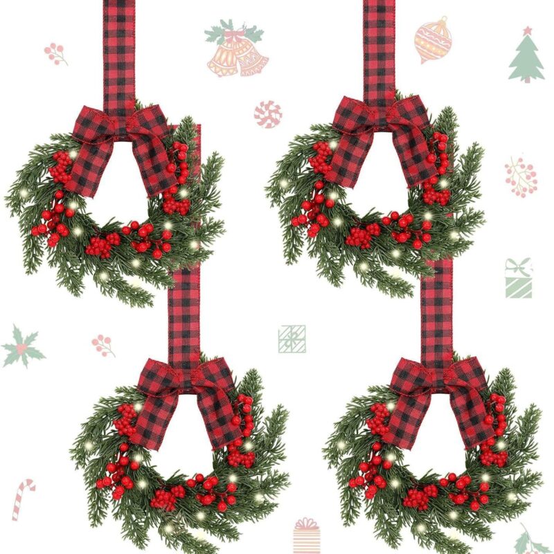 Set of 4 Pre-lit 9 Inch Mini Christmas Wreaths with Bows, Indoor Cabinet Decor