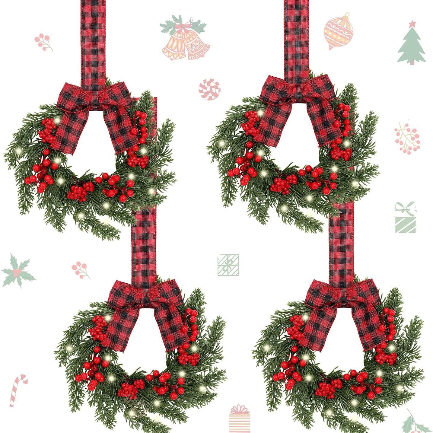 Set of 4 Pre-lit 9 Inch Mini Christmas Wreaths with Bows, Indoor Cabinet Decor
