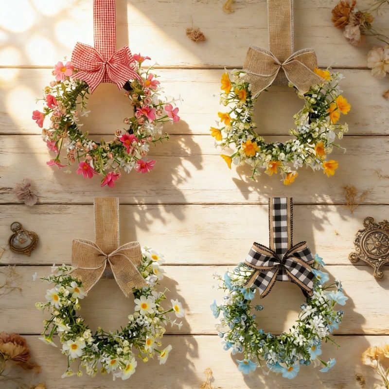 2026 Spring Artificial Daisy Wreath with Bow, Christmas Wreaths For Kitchen Cabinets