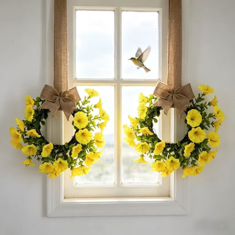 New Spring Artificial Trumpet Flower Wreath with Bow, Farmhouse Hanging Decor for Cabinet & Door