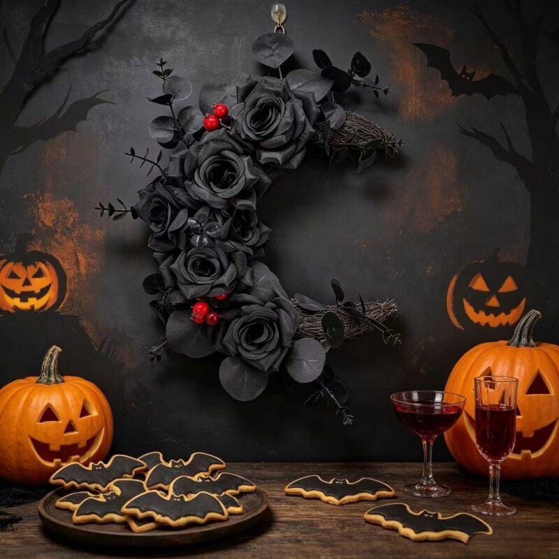 Crescent Moon Cat Wreath, Artificial Floral Moon Wreath, Halloween Home Wall Door Hanging Decor, Unique Gift for Cat Lovers