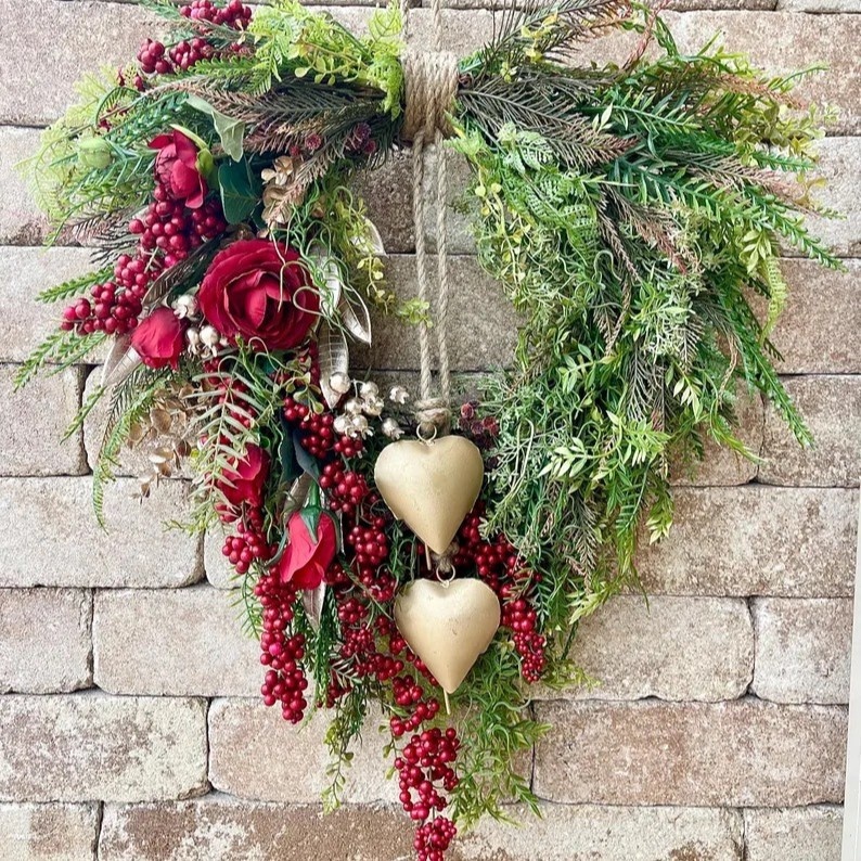 Valentine's Day Heart Wreath, Artificial Red Rose Berry Hanging Decor for Cabinet Layout,Cabinet Wreaths