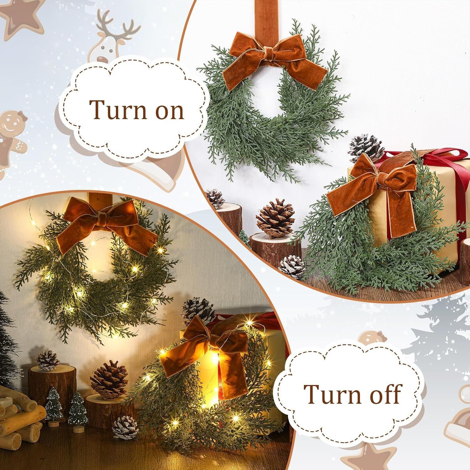 Set of 4 Pre-lit 9 Inch Mini Christmas Wreaths with Bows, Indoor Cabinet Decor - Image 5