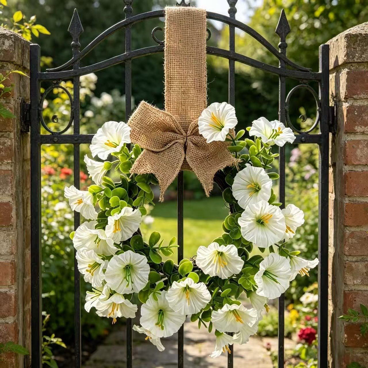 New Spring Artificial Trumpet Flower Wreath with Bow, Farmhouse Hanging Decor for Cabinet & Door - Image 5