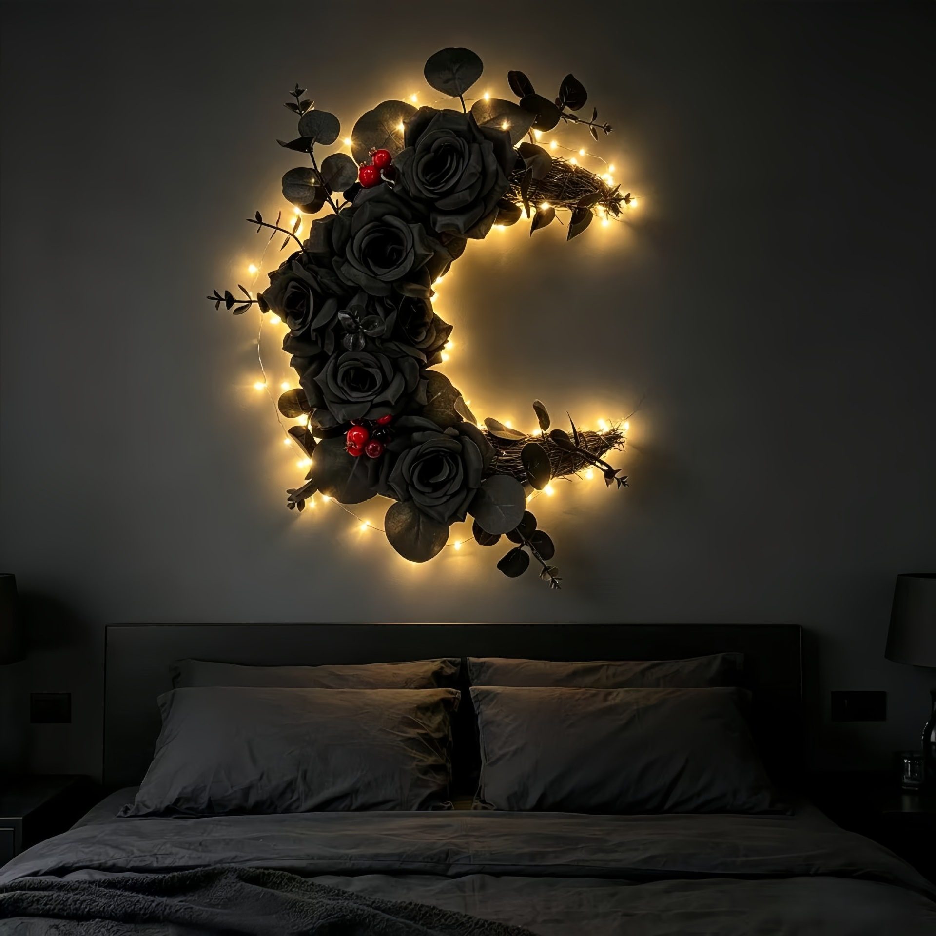 Crescent Moon Cat Wreath, Artificial Floral Moon Wreath, Halloween Home Wall Door Hanging Decor, Unique Gift for Cat Lovers - Image 5