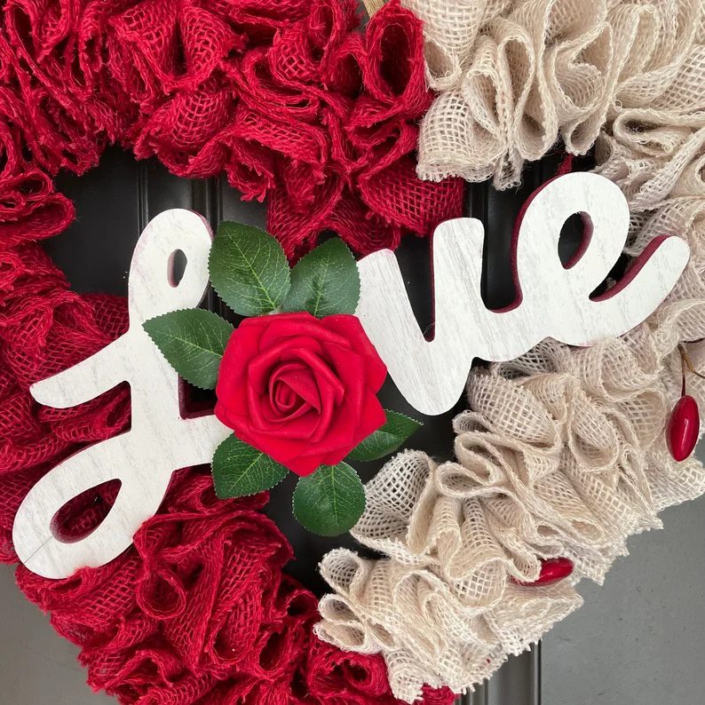Valentine's Day Fabric Heart Wreath, Red Romantic Wedding Home Door Hanging Decor - Image 5