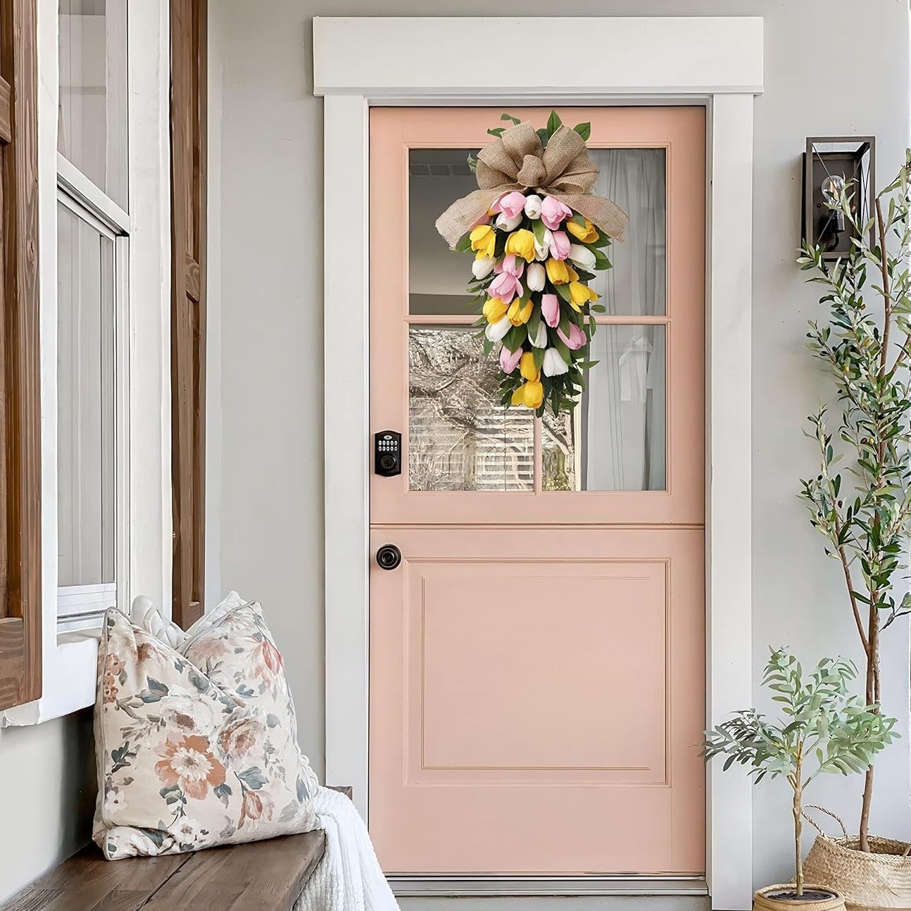 Artificial Tulip Teardrop Wreath, Easter Floral Drop Pendant Front Door Decor,Cabinet Wreaths - Image 4