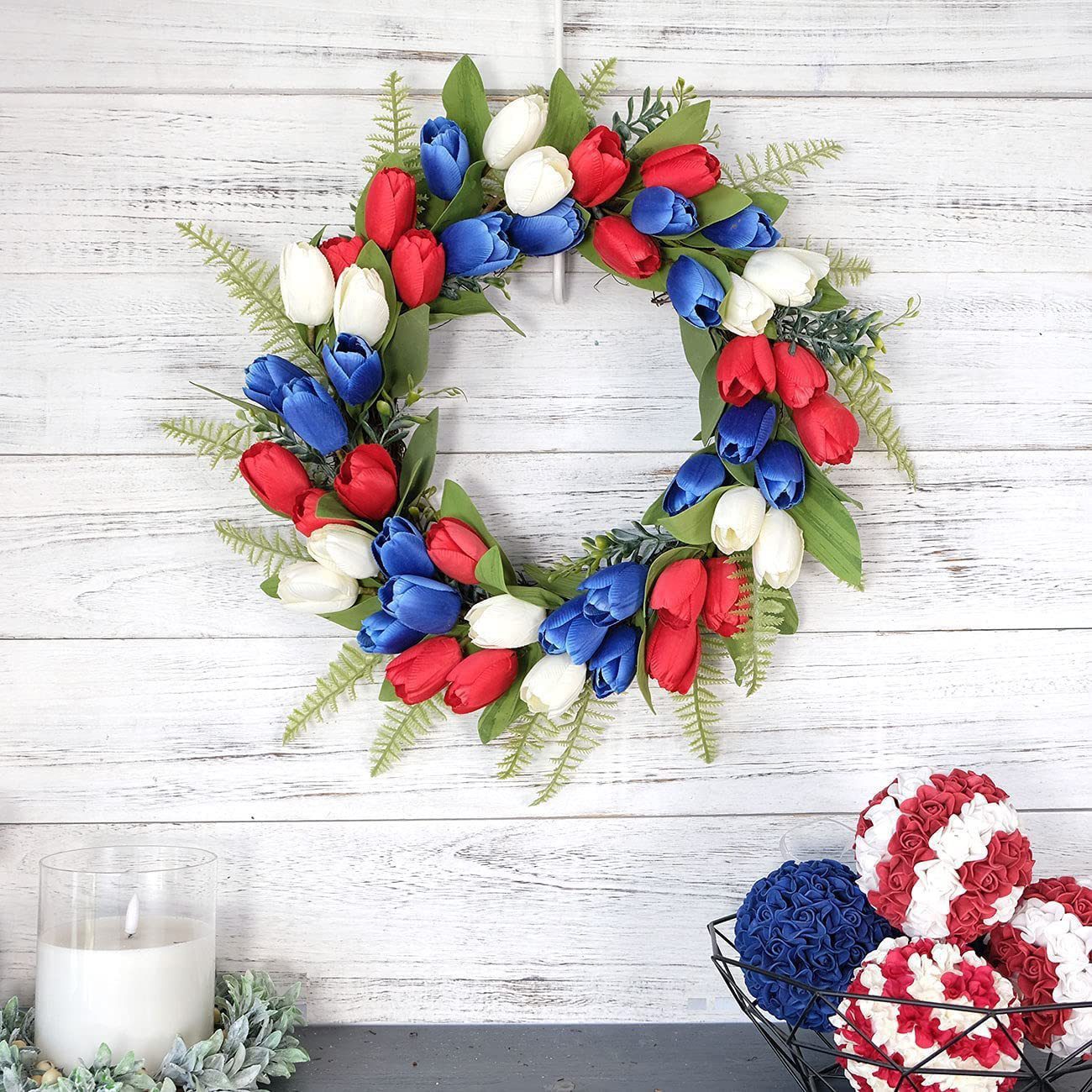 July 4th American Flag Tulip Wreath, Red White Blue Patriotic Decor - Image 4