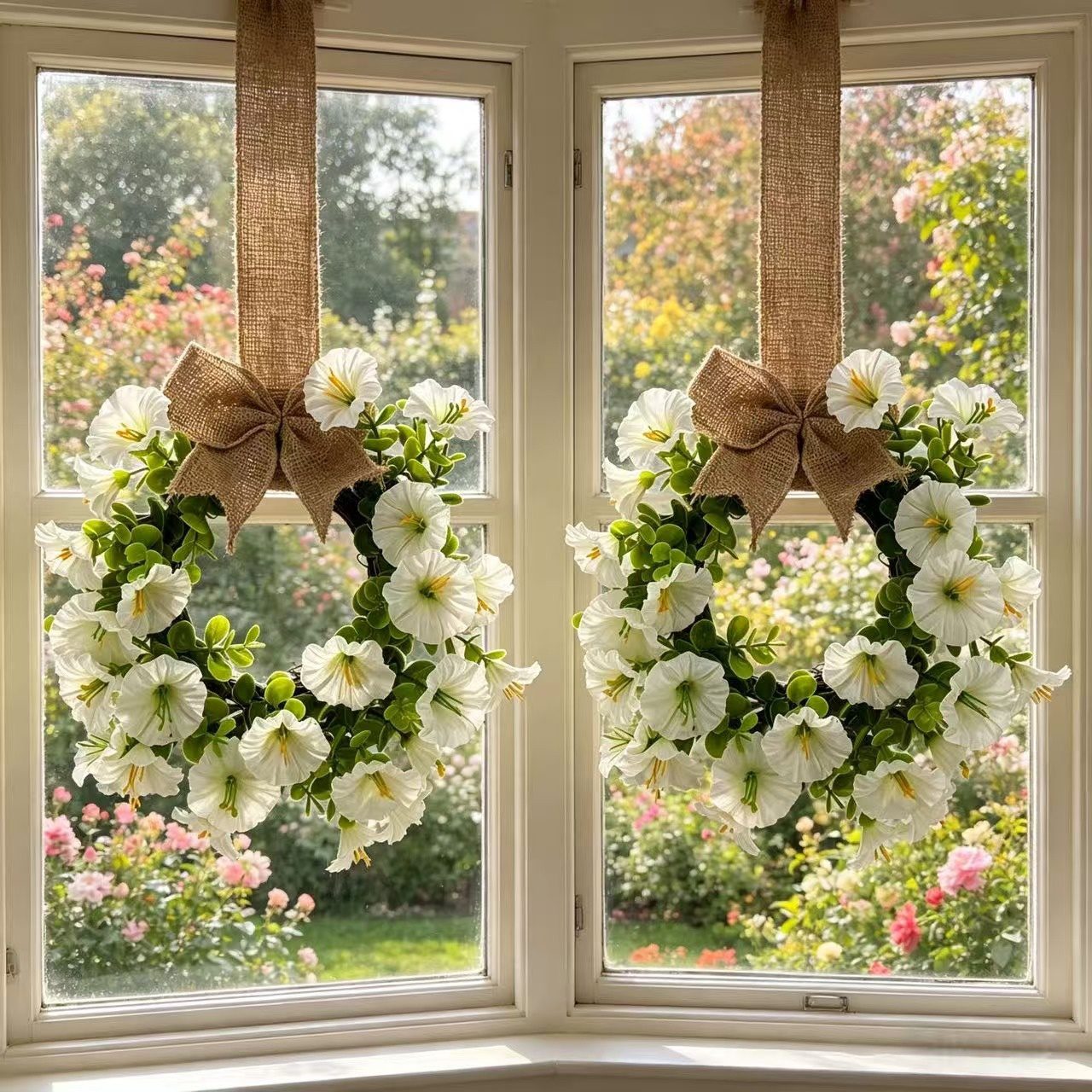 New Spring Artificial Trumpet Flower Wreath with Bow, Farmhouse Hanging Decor for Cabinet & Door - Image 4