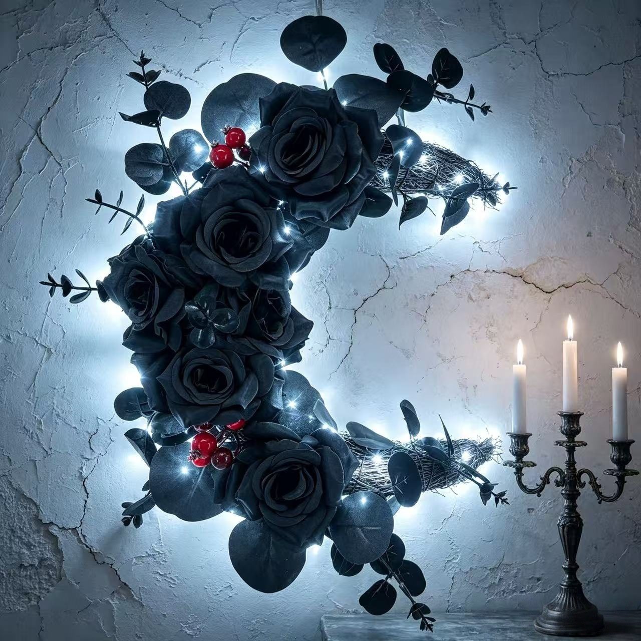 Crescent Moon Cat Wreath, Artificial Floral Moon Wreath, Halloween Home Wall Door Hanging Decor, Unique Gift for Cat Lovers - Image 4