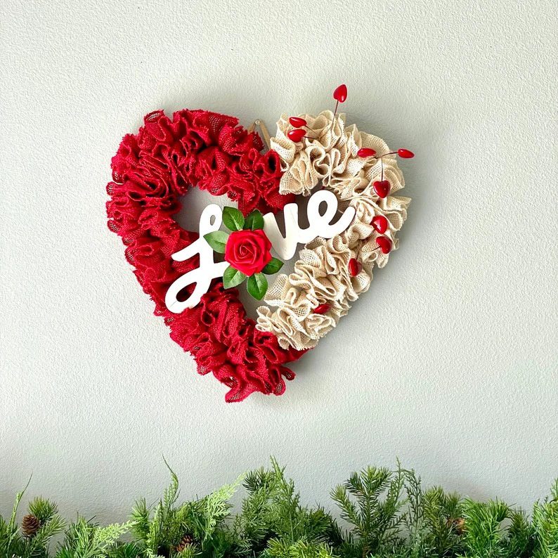 Valentine's Day Fabric Heart Wreath, Red Romantic Wedding Home Door Hanging Decor - Image 4