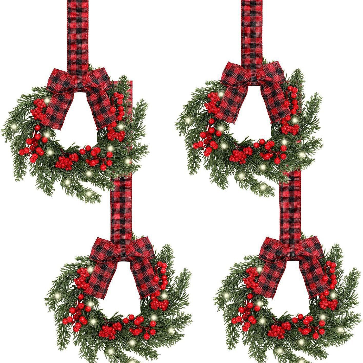 Set of 4 Pre-lit 9 Inch Mini Christmas Wreaths with Bows, Indoor Cabinet Decor - Image 3