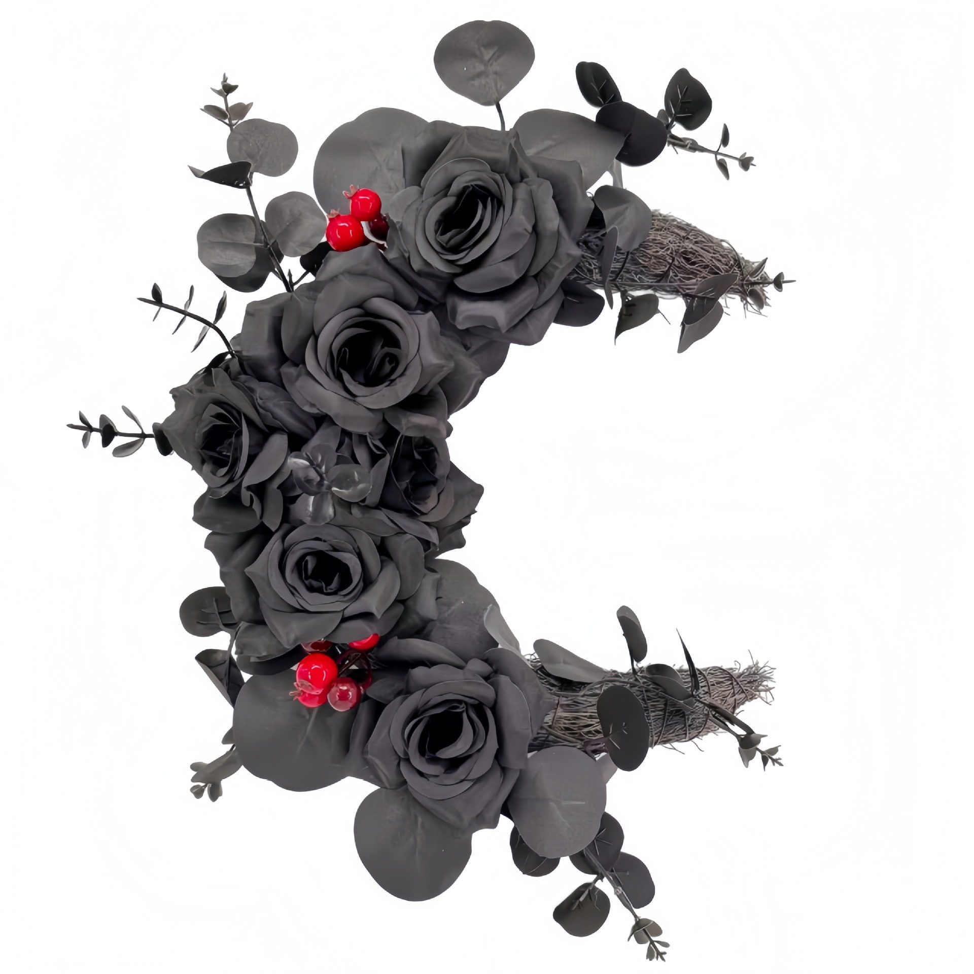 Crescent Moon Cat Wreath, Artificial Floral Moon Wreath, Halloween Home Wall Door Hanging Decor, Unique Gift for Cat Lovers - Image 3